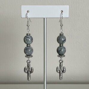 Grey Scenery Jasper Silver Cactus Pierced Earrings